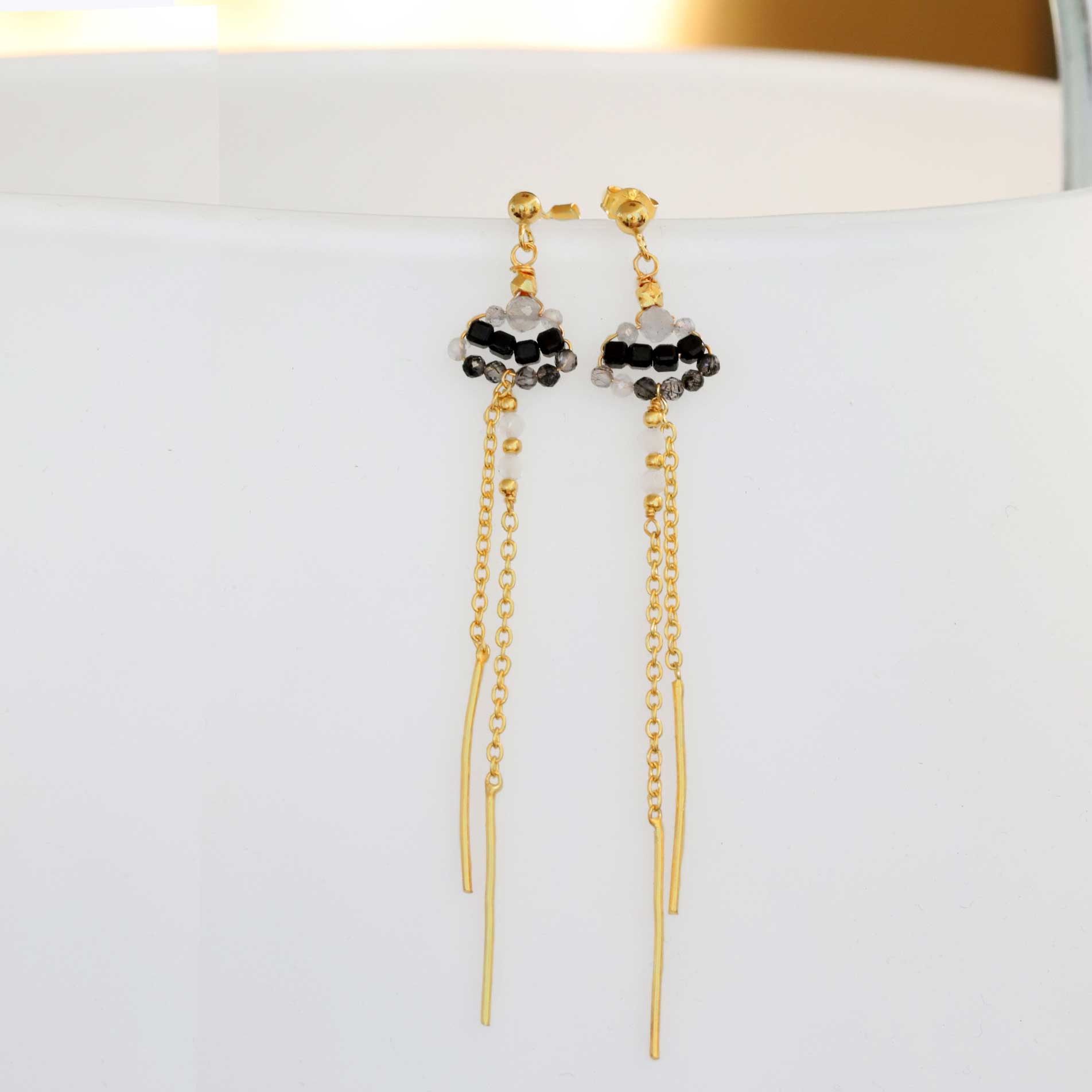 Earrings with Onyx and Tourmalinated Quartz