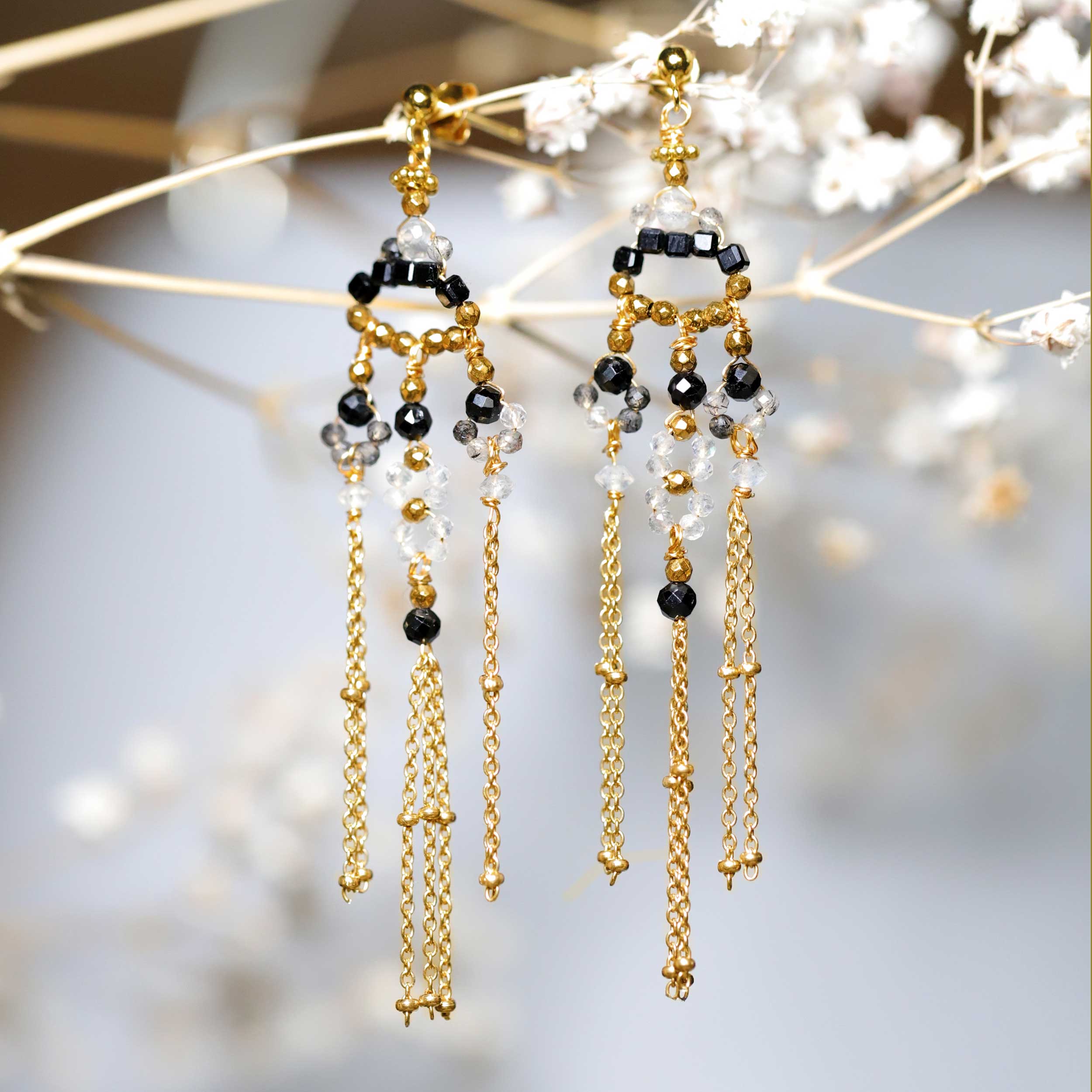 Earrings with Onyx and Tourmalinated Quartz