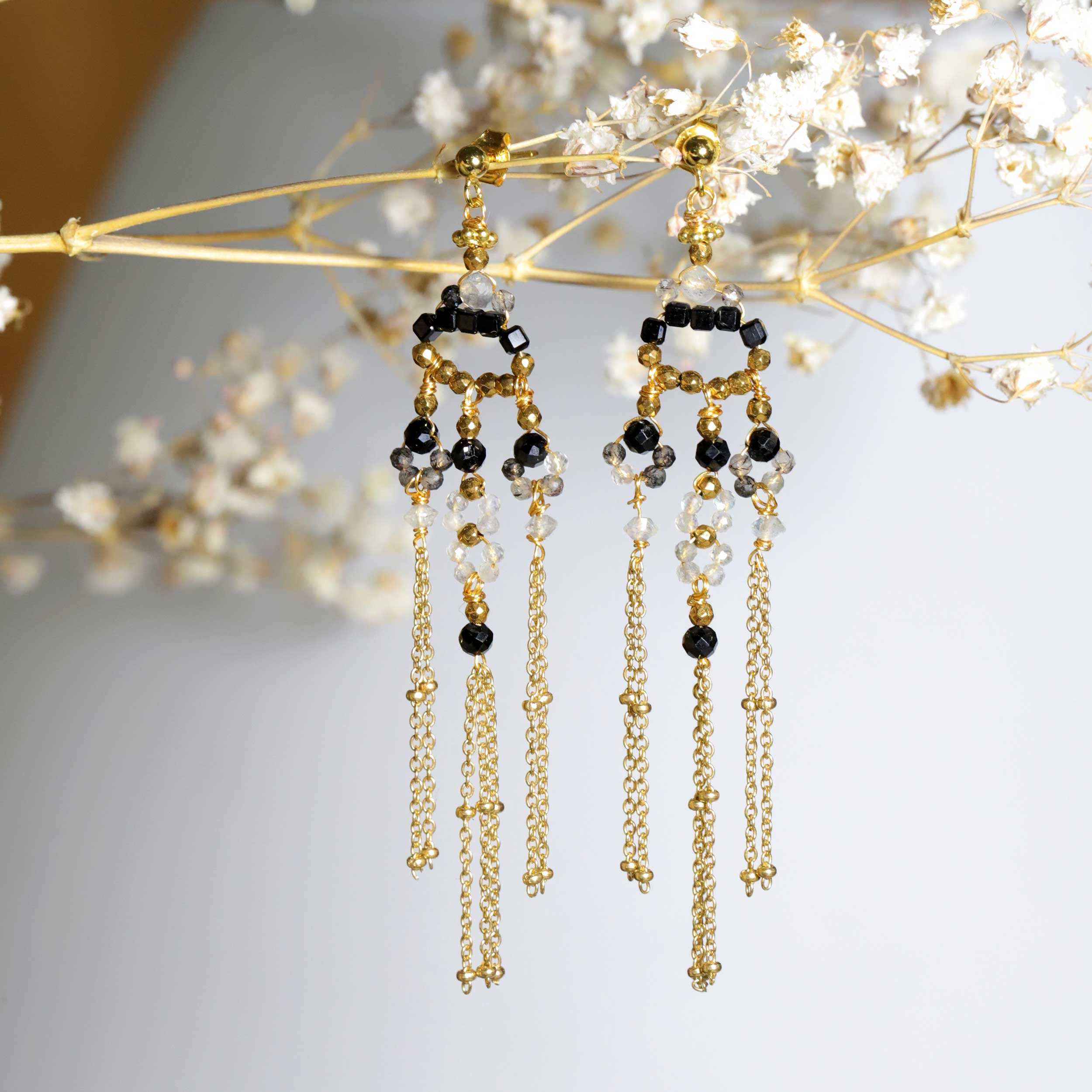 Earrings with Onyx and Tourmalinated Quartz