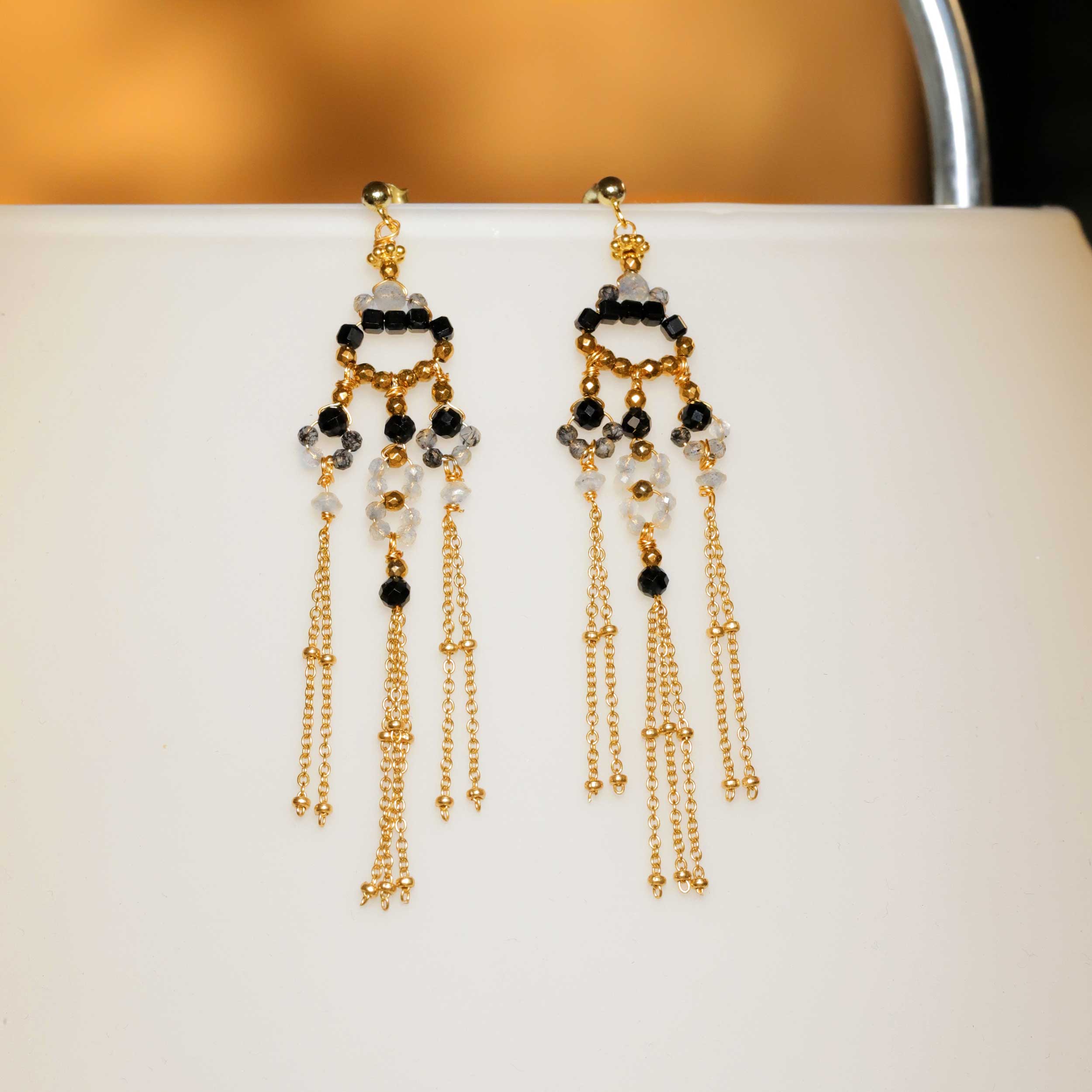 Earrings with Onyx and Tourmalinated Quartz