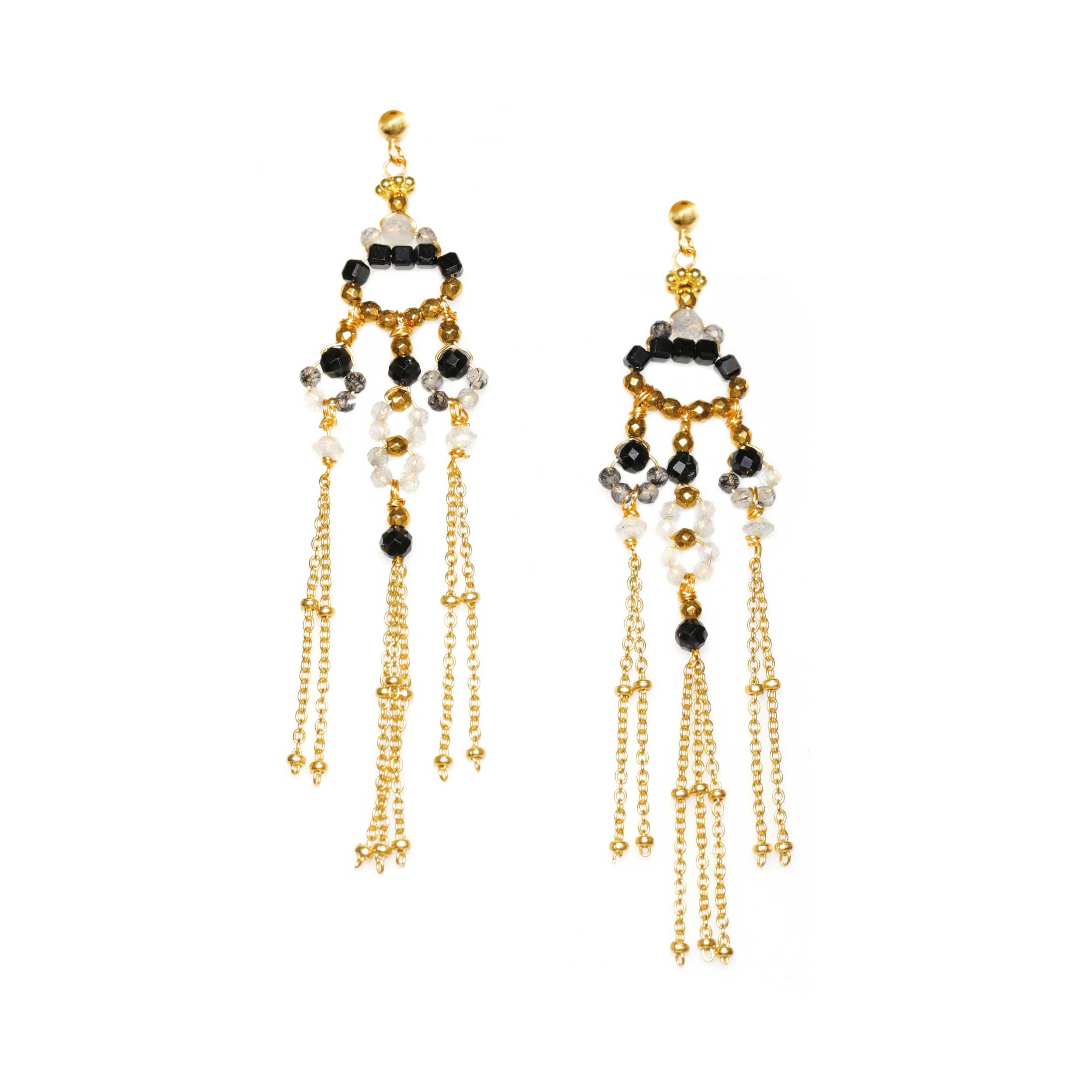 Earrings with Onyx and Tourmalinated Quartz