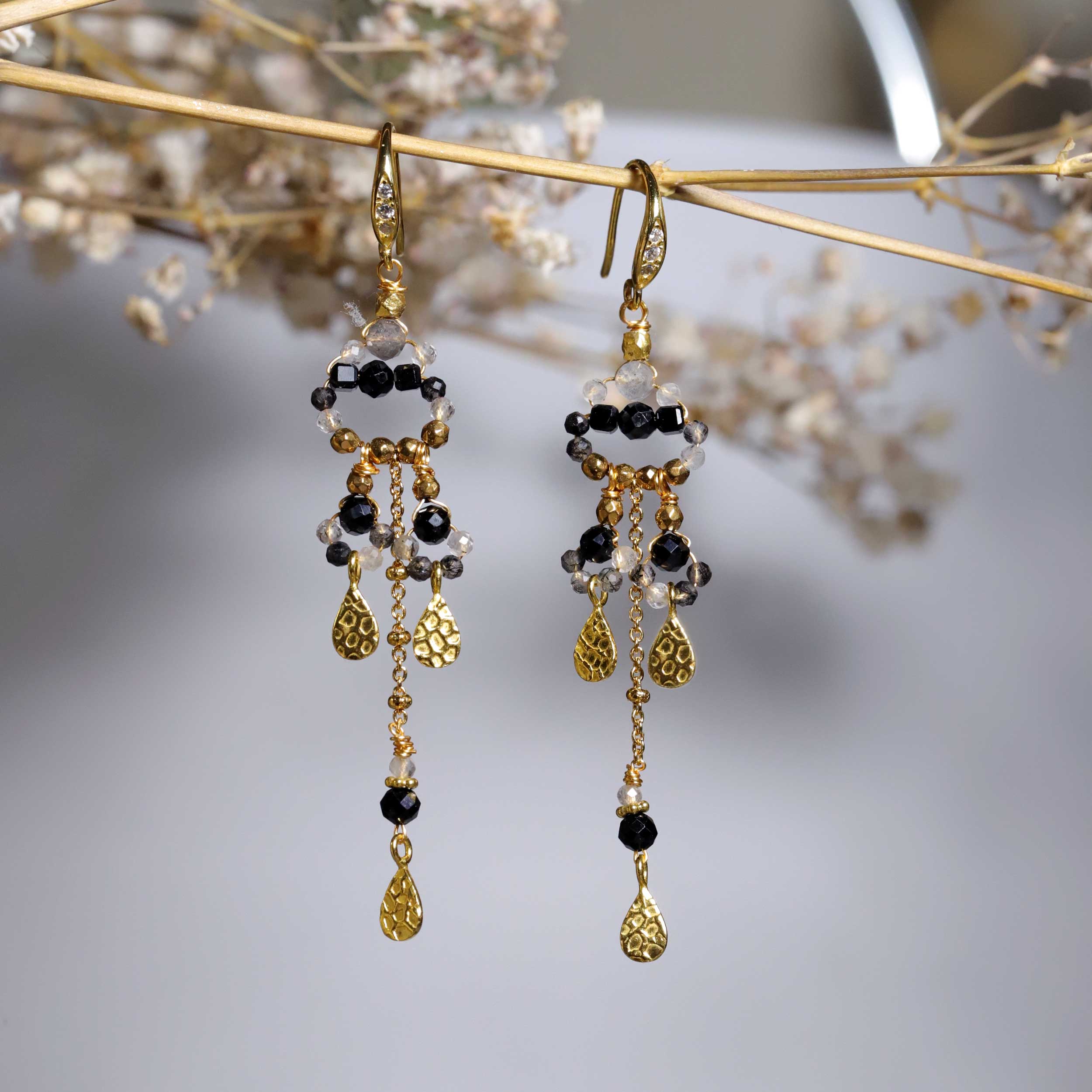 Earrings with Onyx and Tourmalinated Quartz