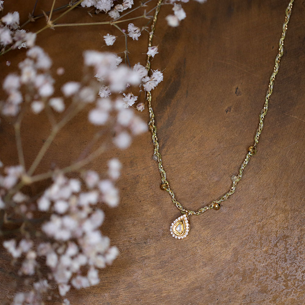 Polki diamond pendant braided necklace