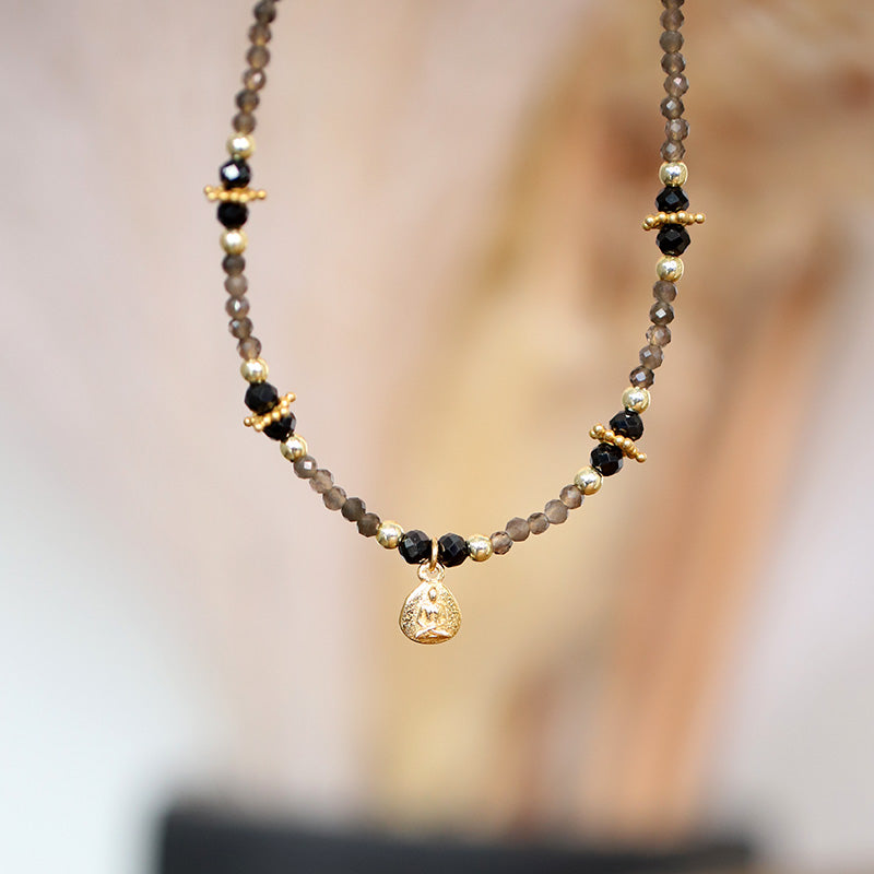 Collier en quartz fumé & pendentif bouddha MOONSOON