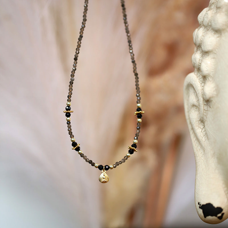 Collier en quartz fumé & pendentif bouddha MOONSOON