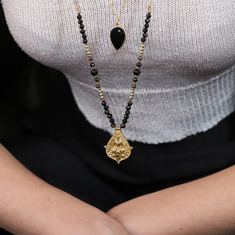 Collier mantra en obsidienne avec pendentif bouddha MOONSOON