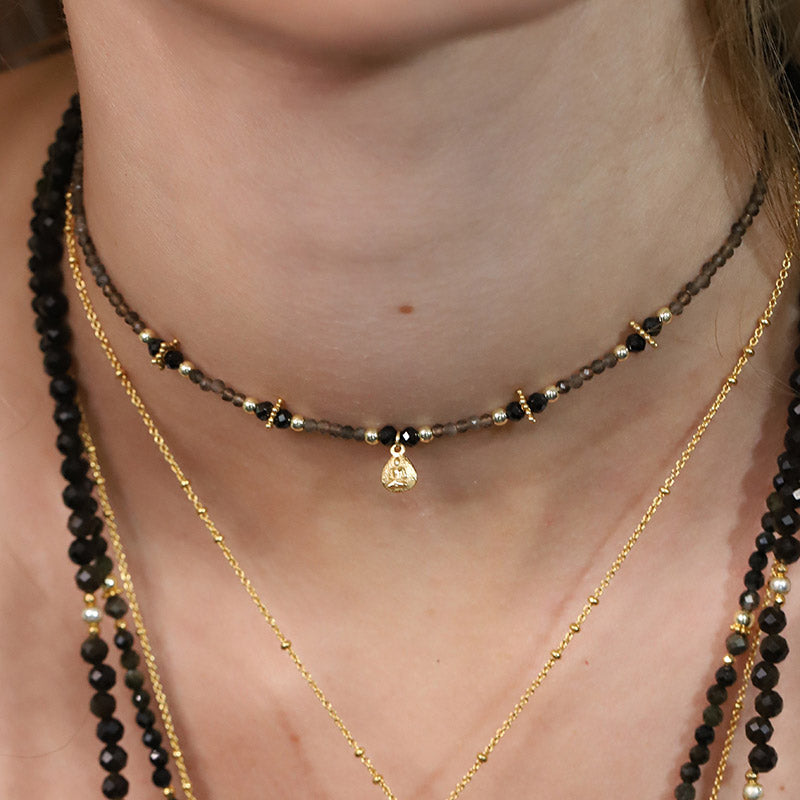 Collier en quartz fumé & pendentif bouddha MOONSOON