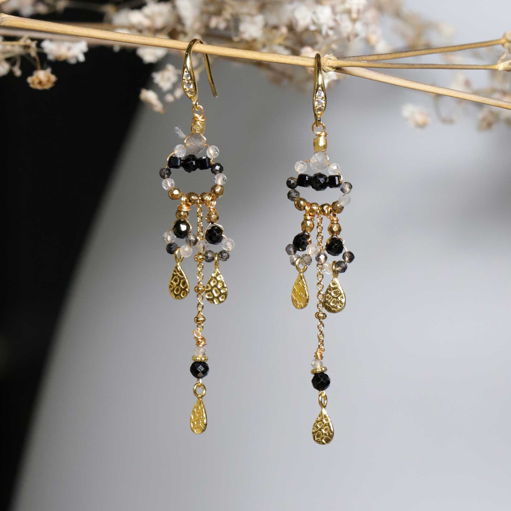 Earrings with Onyx and Tourmalinated Quartz